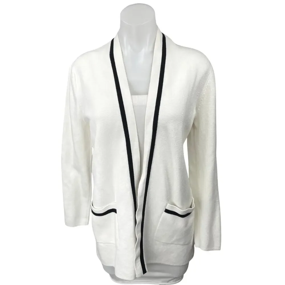 J.Crew Women's White Black Long Sleeve Pocket Open Cardigan Sweater Top Size S